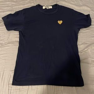 Commes Des Garcons Play Short Sleeve T Shirt Navy Blue Gold Embroidered Heart L